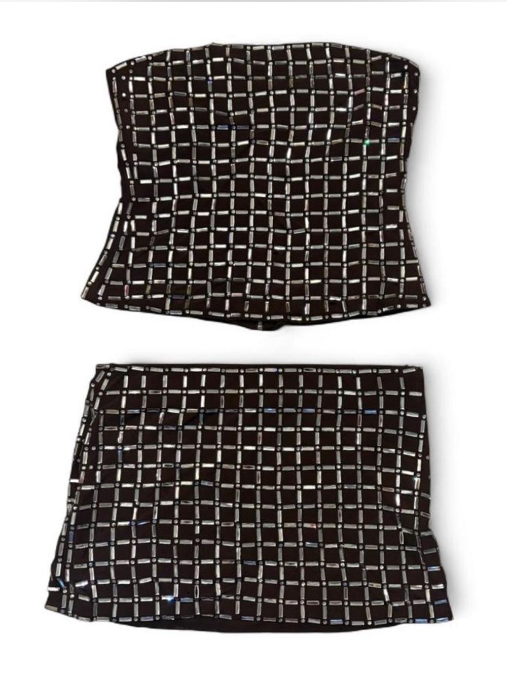 Black Sequin Grid Strapless Top + Mini Skirt Set